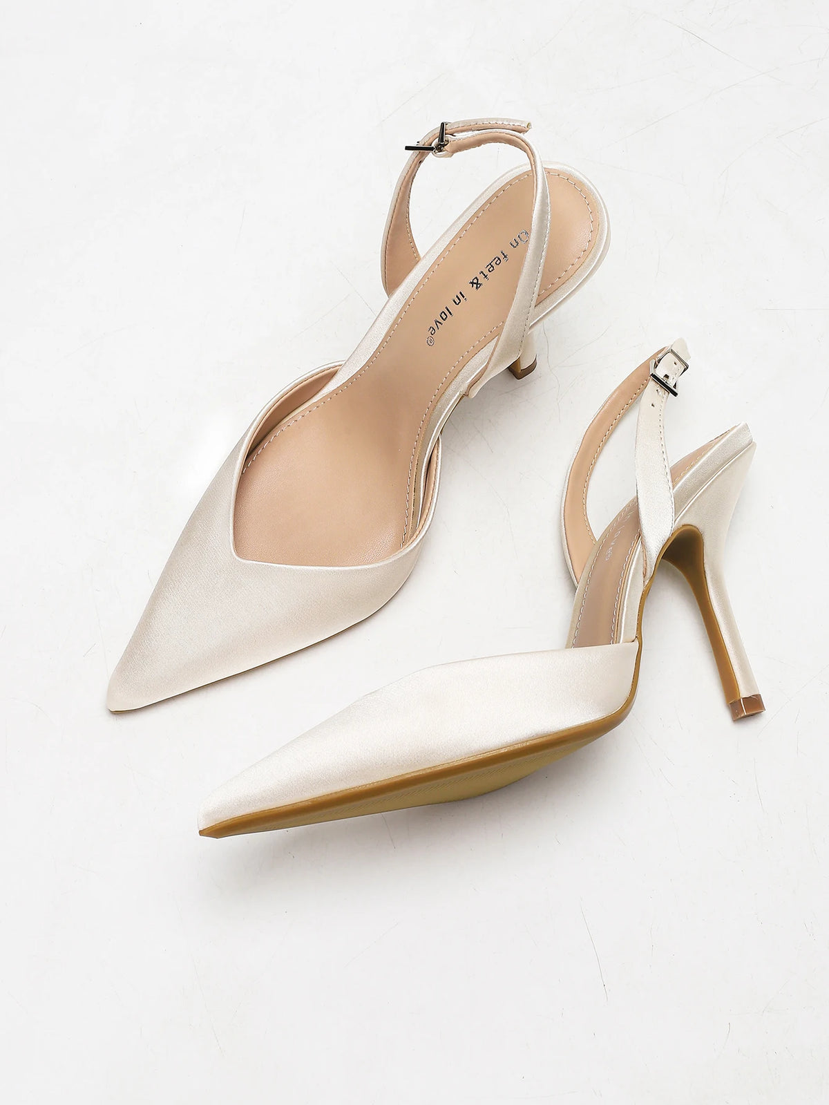 Women's Ivory Satin Pointed-Toe Slingback Heeled Sandals