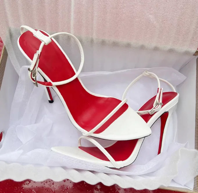New 12cm minimalist ultra-fine straight strap high-heeled shoes with sexy lace up wristband, plus size slim heel bed sandals