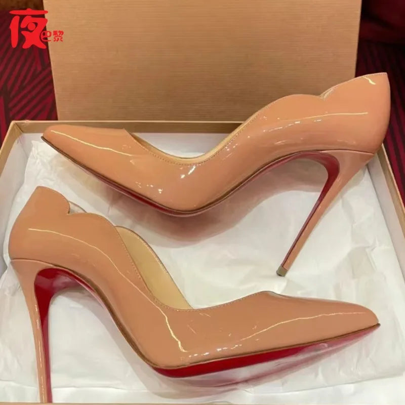 2026 new summer nude wave patent leather high heels for women, professional slim heels, pointed toe temperament work shoes