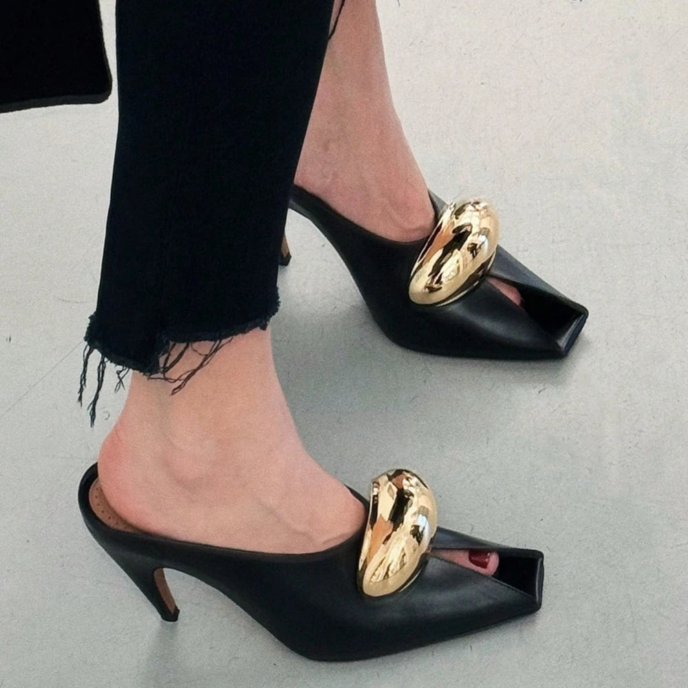 Y2K Metal Decoration Stiletto High Heels Slingback Pumps For Women Solid Peep Toe Slip On Mules Party Dress Sexy Fashion Shoes
